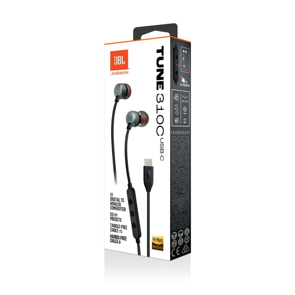 JBL Tune 310 Wired in Ear Type C Headphones, Hi-Res Audio with Digital-to-Analog Converter, 3-Button EQ Preset Remote with Microphone