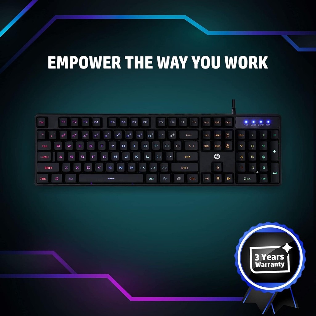 HP K300 Backlit Membrane Wired Gaming Keyboard with Mixed Color Lighting, 4 LED Indicators, Matte Finish Double Injection Key